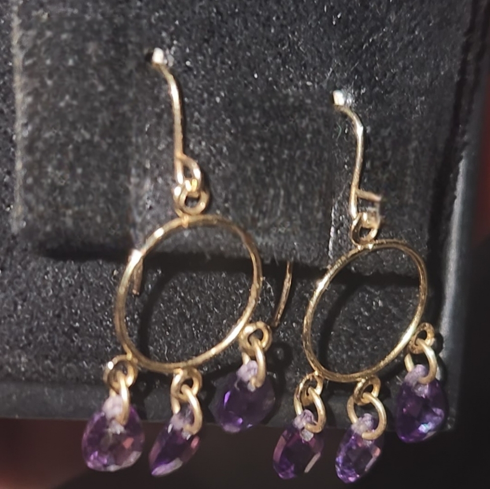Amythest Briolette Cut Dangle Earrings Set In 14kt Yellow Gold - Picture 10 of 11